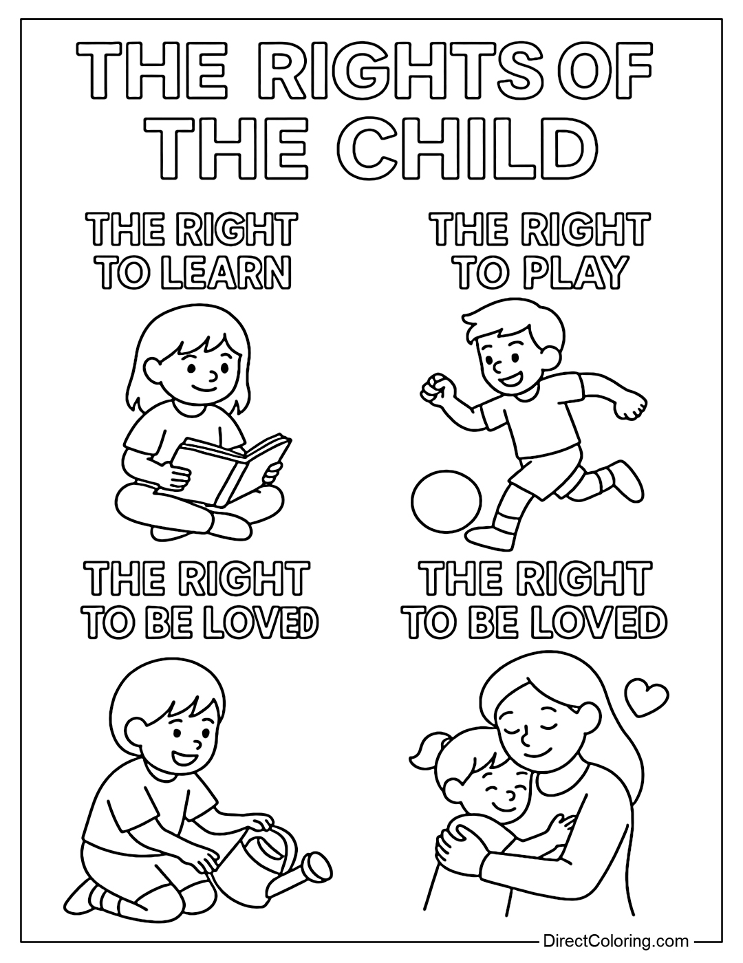 Coloring page of children’s rights: to learn, to play, to love – with illustrations.